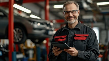 Obraz premium Smiling mechanic with tablet in auto shop, car in background