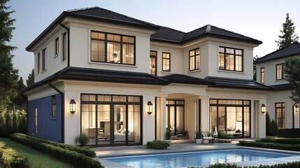 Fototapeta premium Modern two-story house exterior with pool, evening light. Ideal for real estate, home design or architectural visualization