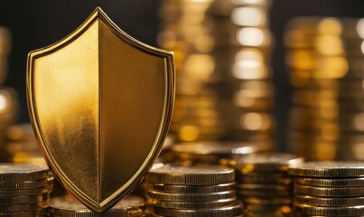 Golden Shield Symbolizing Financial Protection with Stacks of Coins in the Background, Representing Security, Wealth, and Investment Strategies for a Secure Future