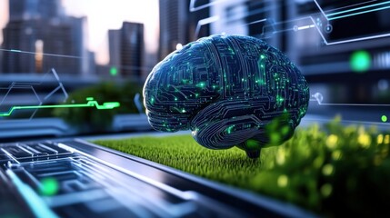 Innovative technology integration ai brain development in urban landscape digital art futuristic environment aerial view conceptual exploration