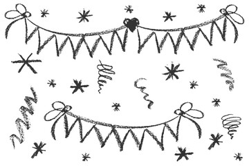 Collection of hand drawn charcoal doodle birthday party simbol shapes Childish girly style. Pencil drawings Black elements on white background. Vector illustration.