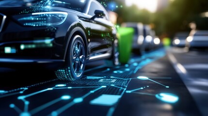 Autonomous vehicle demonstration urban environment digital technology traffic simulation close-up perspective future mobility concepts