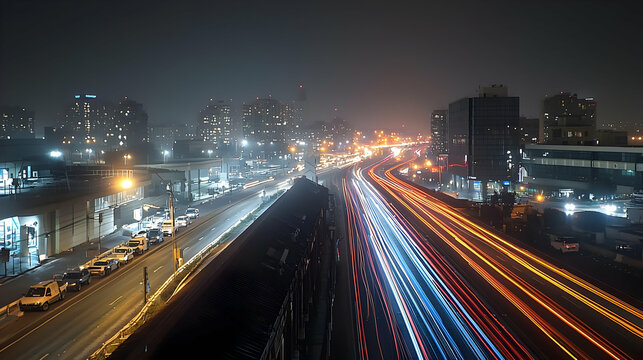 Elevated Night View Of Shahrah-e-Faisal Karachi With Colorful Light Trails From Traffic Near KPT Interchange