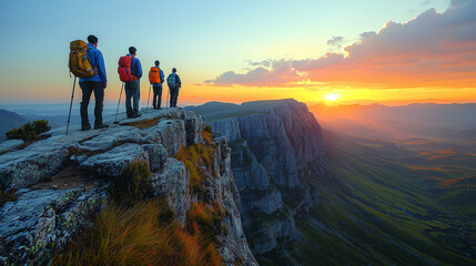 Obraz premium Group of Hikers Walking Along Mountain Ridge at Sunset