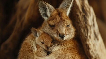 Mother kangaroo lovingly cradles her joey in her pouch.