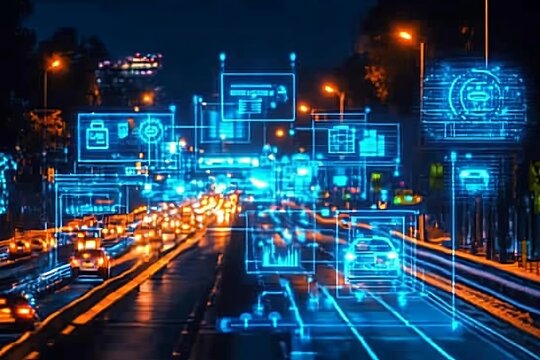 Futuristic city traffic with data visualization displays at night - Powered by Adobe