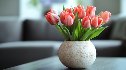 Obraz premium Vase of fresh red tulips on the coffee table with blurred background. Free copy space.