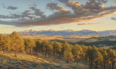 Fototapeta premium Overhead drone perspective of a pine forest with mountains in the distance under sunset lighting.