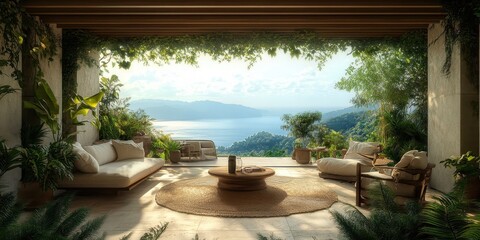 Fototapeta premium Beautiful terrace lounge with stunning view of mountains and ocean