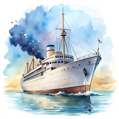 Naklejka premium Watercolor illustration of cruise ship in the sea, modern ship in the sea isolated on transparent background