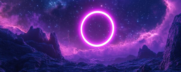 A surreal landscape with a glowing purple ring in the sky, surrounded by stars and a nebula. The foreground features rocky terrain.