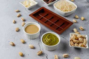 Trendy dubai chocolate ingredients for making dubai chocolate.