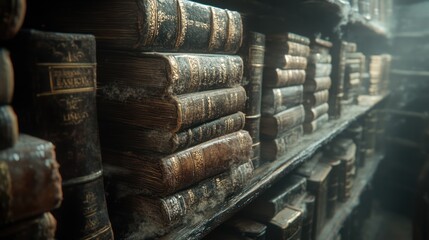 Fototapeta premium Dusty antique books on shelves in old library.
