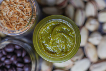 Delicious homemade pistachio paste or cream,spread with pistachios.