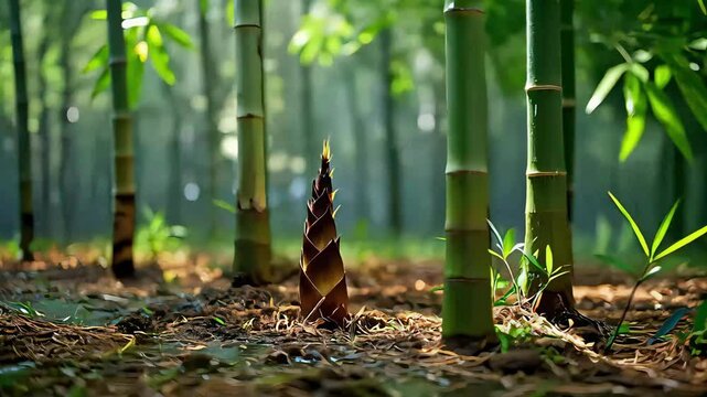 Close-up of bamboo shoots under the bamboo forest in the spring rainy season