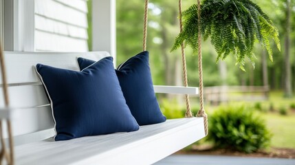 southern porch decor, traditional white porch with a swing, navy cushions, and hanging ferns brings a timeless southern charm
