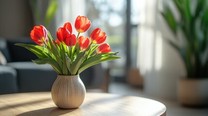 Vase of fresh red tulips on the coffee table with blurred background. Free copy space.