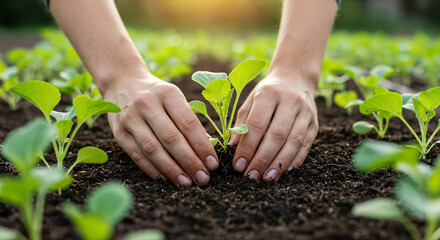 Manos plantando plántulas en el jardín, concepto de jardinería y cultivo