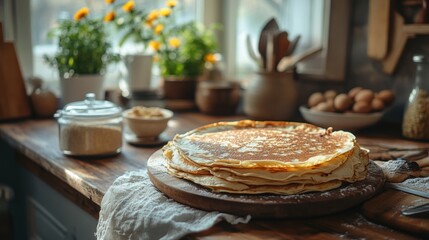Naklejka premium home cooking scene, baking in a warm, cozy kitchen with fresh crepes and spring decor