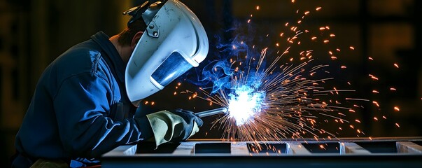 A welder works on metal framework creating a cascade of sparks