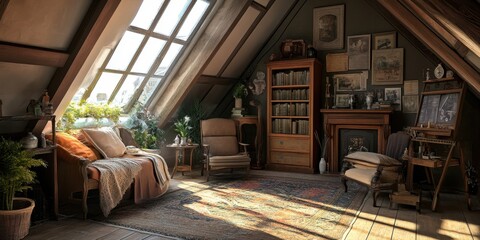 Cozy attic room filled with furniture and warm natural light