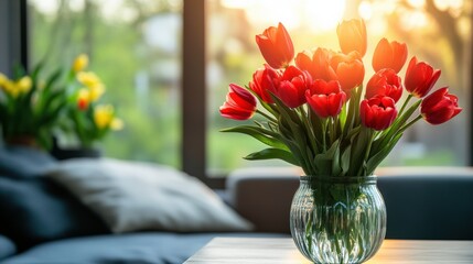 Vase of fresh red tulips on the coffee table with blurred background. Free copy space.