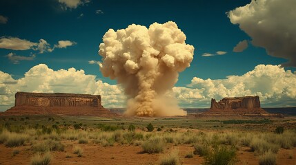 A large cloud of dust rising over a desert landscape