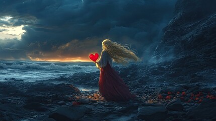 A young girl with long blonde hair stands confidently on a rocky ledge gazing at the vast landscape ahead embodying a spirit of adventure perfect for travel blogs and inspirational content