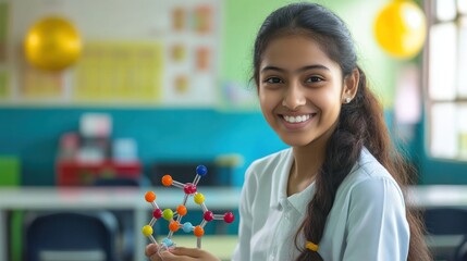 Smiling Student Holds a Molecular Model in Classroom
