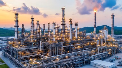 Aerial view presents a large industrial chemical processing plant at dusk