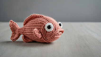 Crocheted fish on a wooden surface with a simple grey background showcasing handmade craftsmanship