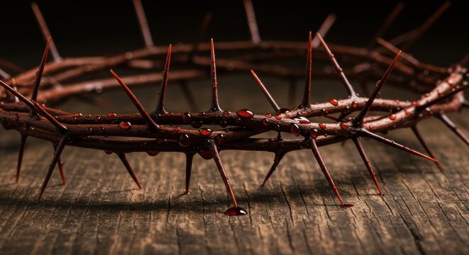 Crown of thorns with sharp spikes and blood drops on wooden surface symbolising suffering pain sacrifice Christianity Jesus crucifixion redemption biblical passion salvation