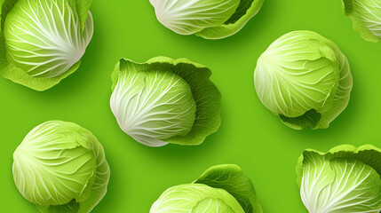 Summer Pattern Featuring Fresh Cabbages on Vibrant Green Background, Perfect for Minimalist Designs and Banners