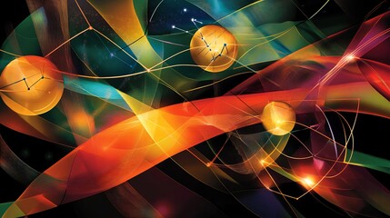 Abstract visualization of conservation laws featuring dynamic geometric patterns symbolic pathways for the principles of energy momentum and charge conservation