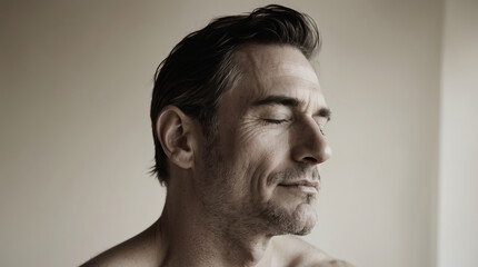 Obraz premium Man enjoying a moment of tranquility with eyes closed in a calm, soft-lit space