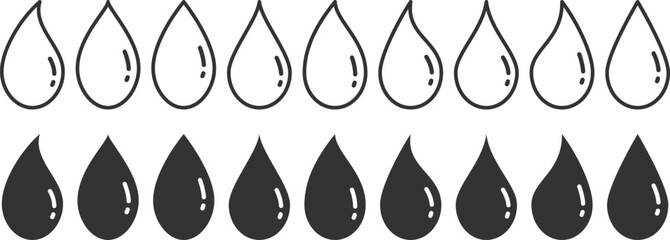Minimalist water drop icon set. Simple black and white droplet symbols. Outline drops shapes for liquid, rain, oil, cosmetic. Perfect for weather apps, logo, environmental graphic