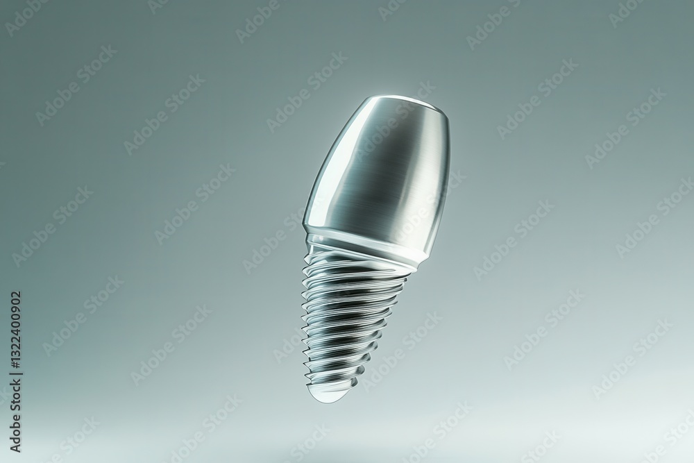 Poster floating titanium dental implant showcasing high-tech precision with sleek metallic reflections and 