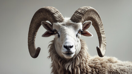 Majestic ram with large curled horns poses against a simple background showcasing its stunning features and woolly coat