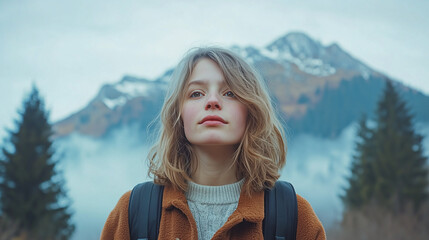 Young Woman, pensive, gazing into distance, against snowy mountain backdrop.