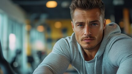 Confident muscular man in gym, intense gaze.
