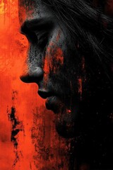 Profile of a person with textured face against a vibrant orange background, evoking emotion