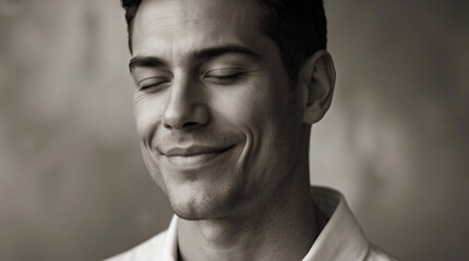 Obraz premium Smiling man with closed eyes expresses joy and contentment in a serene indoor setting