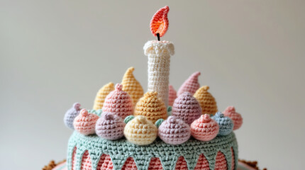 Celebration cake with colorful crochet toppings and a candle decorated for a special occasion