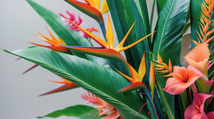 Vibrant tropical flowers in a lush arrangement showcasing beauty and color in a serene indoor setting