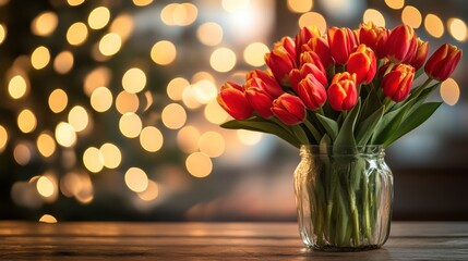 Vase of fresh red tulips on the coffee table with blurred background. Free copy space.