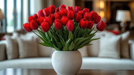 Vase of fresh red tulips on the coffee table with blurred background. Free copy space.