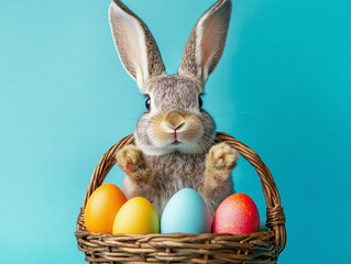 Easter bunny in a basket of colorful eggs isolated