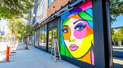 Vibrant Street Art Mural Depicting a Colorful Face on Urban Building with Ladders Nearby