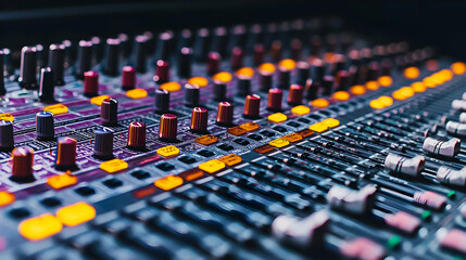 Obraz premium Professional Audio Mixing Console With Illuminated Knobs And Sliders In A Recording Studio Setting