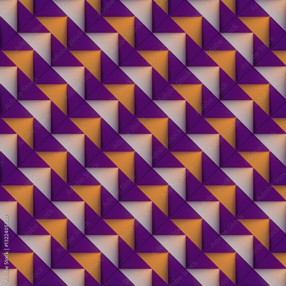 Aufkleber Geometric illustration of a pattern of orange and white triangles on purple squares. Modern style with emphasis on symmetry and dynamics creates an optical illusion effect. 3d rendering